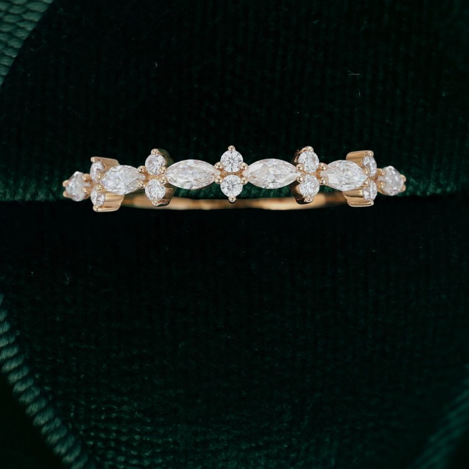 Petal-Inspired Half-Eternity Wedding Band with Marquise & Round Moissanite (4)