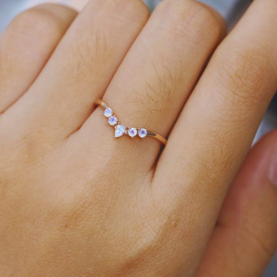 Rose Gold Curved Moonstone Wedding Band for Women – Dainty Bridal Stacking Ring (1)