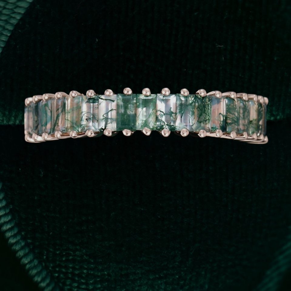 Rose Gold Half-Eternity Band with Baguette Cut Moss Agate (4)