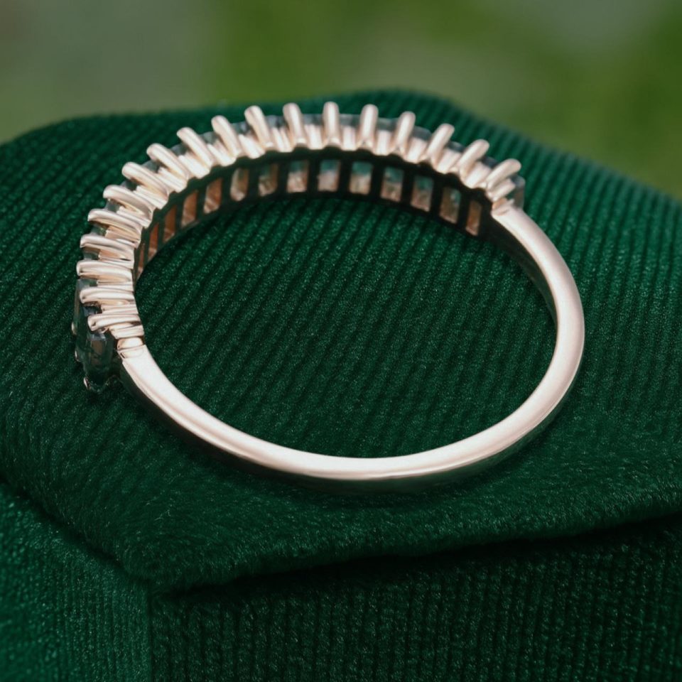 Rose Gold Half-Eternity Band with Baguette Cut Moss Agate (5)