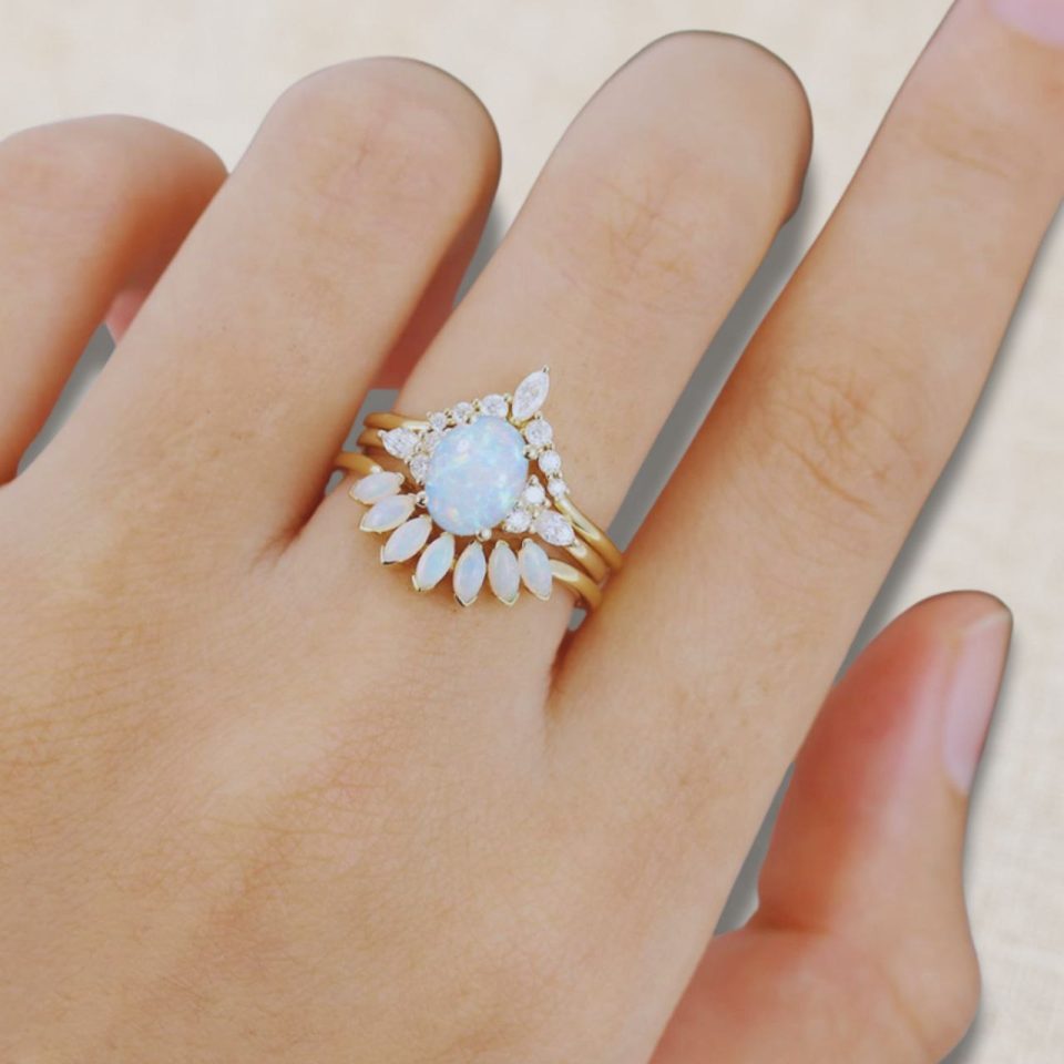 3PCS Oval-Cut Natural Opal Cluster Engagement Ring Set with Moissanite Accents (1)