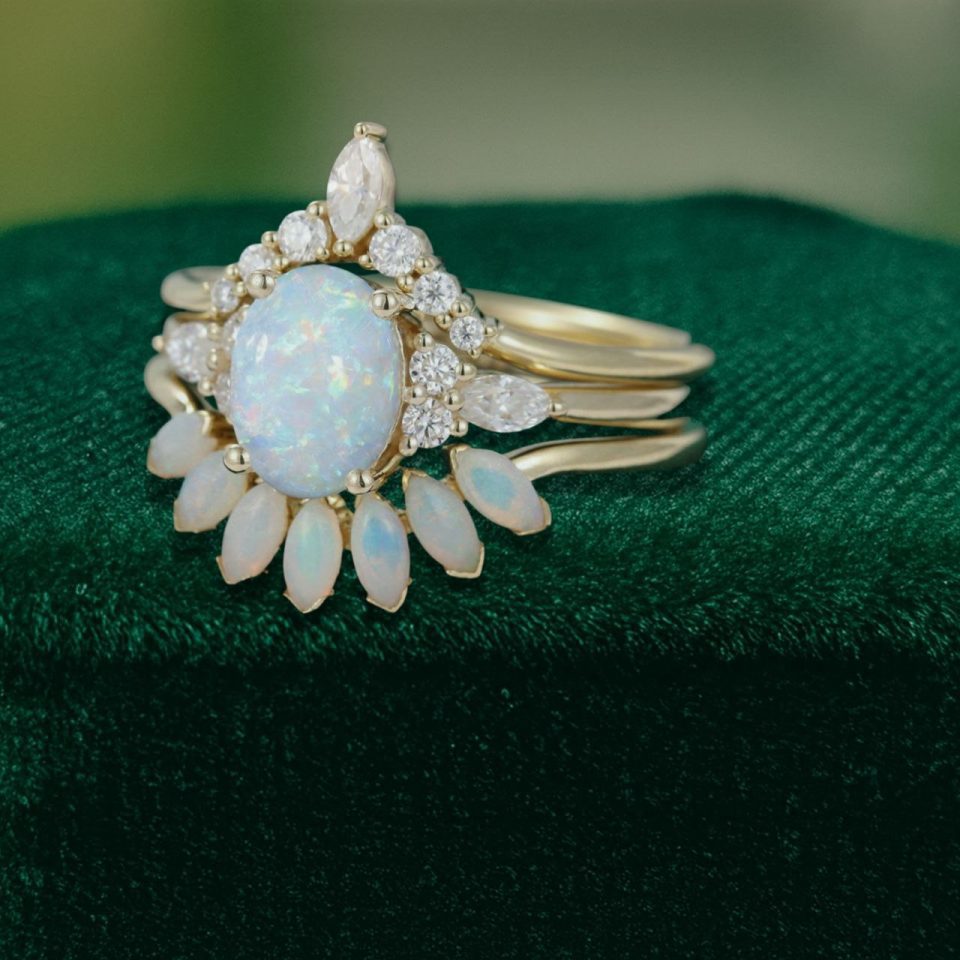 3PCS Oval-Cut Natural Opal Cluster Engagement Ring Set with Moissanite Accents (4)