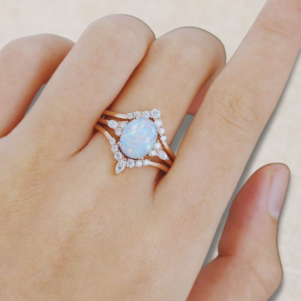 3PCS Oval Cut Natural Opal Engagement Ring Set Art Deco Bridal (1)