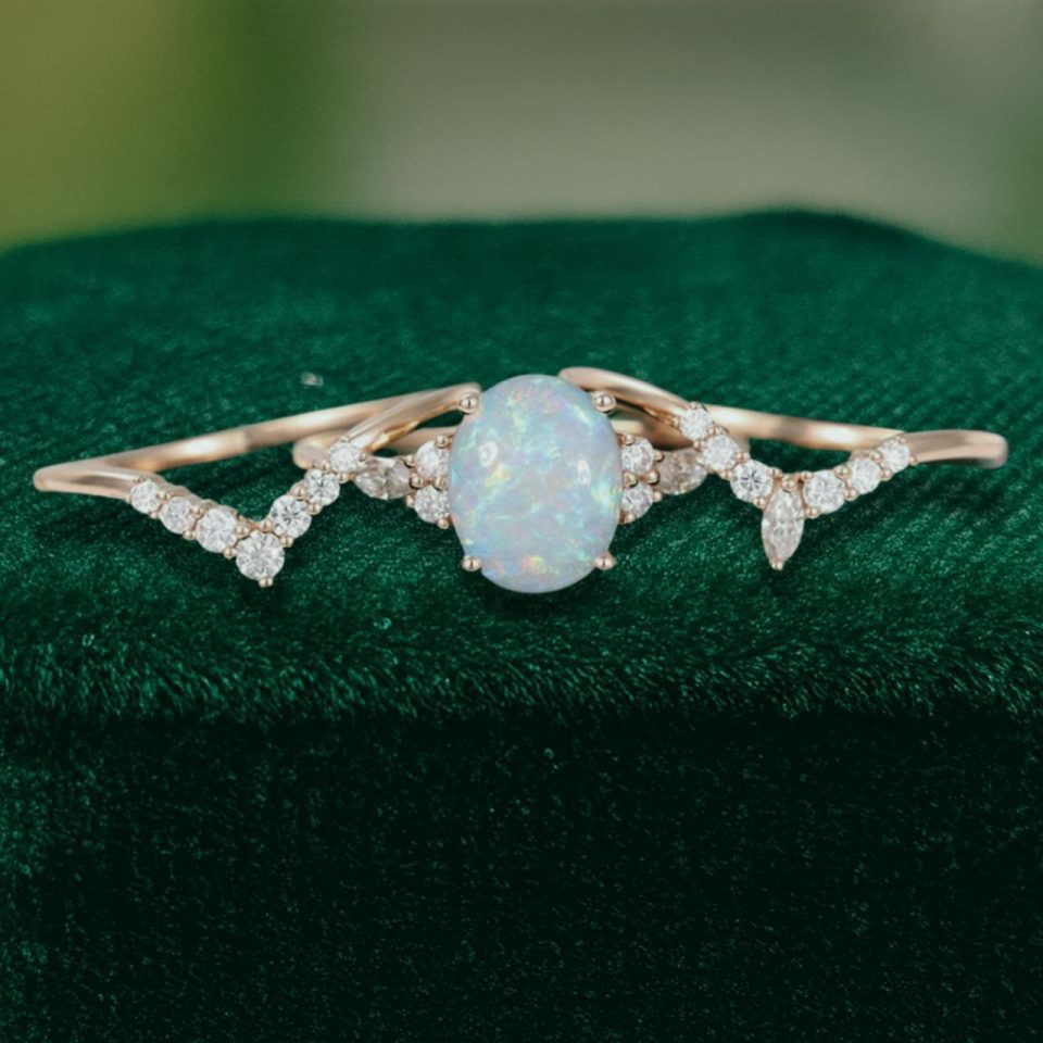 3PCS Oval Cut Natural Opal Engagement Ring Set Art Deco Bridal (3)
