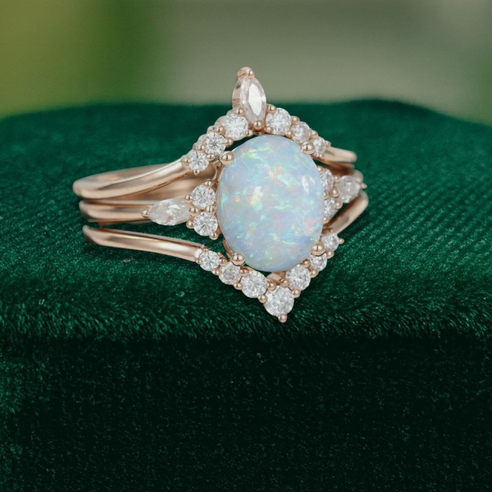 3PCS Oval Cut Natural Opal Engagement Ring Set Art Deco Bridal (4)