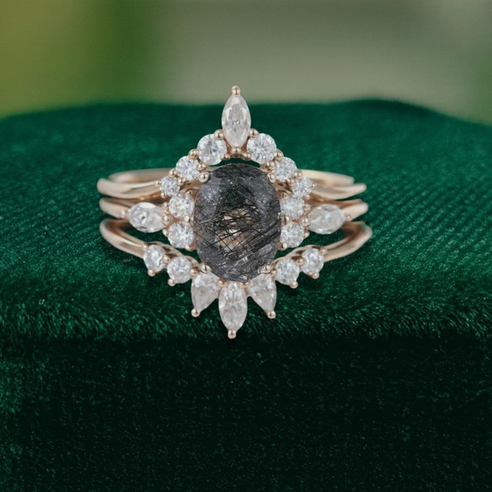 Elegant 3-Piece Black Rutilated Quartz Bridal Ring Set (2)