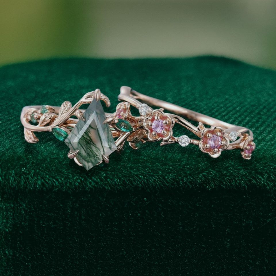 Kite Cut Moss Agate Bridal Ring Set Nature Inspired Ring Set (3)