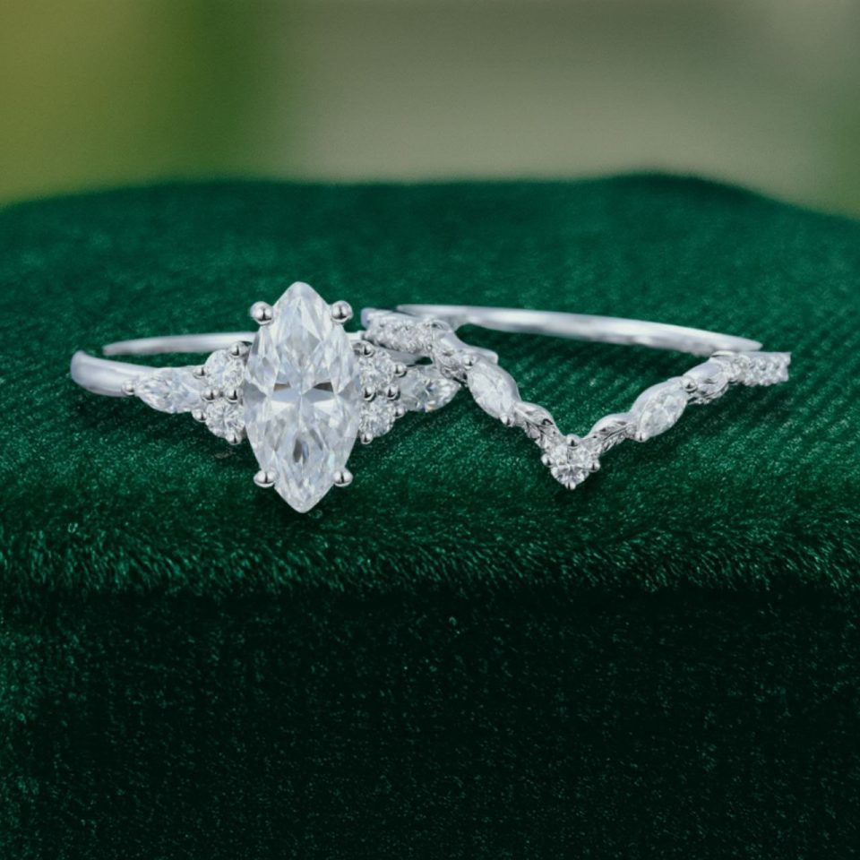 Marquise-Cut Moissanite Engagement Ring Set with Carved Leaf Band (3)