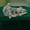 Nature-Inspired Kite-Cut Moss Agate Bridal Ring Set with Leaf Motif (1)