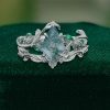 Nature-Inspired Kite-Cut Moss Agate Bridal Ring Set with Leaf Motif (3)