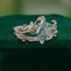 Nature-Inspired Kite-Cut Moss Agate Bridal Ring Set with Leaf Motif (7)