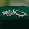 Nature-Inspired Pear-Cut Moss Agate Bridal Ring Set with Leaf Motif (3)