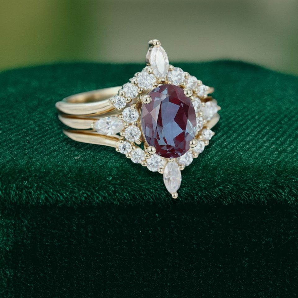 Oval-Cut Alexandrite Bridal Engagement Ring Set – 3PCS Set (1)