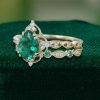 Pear-Cut Emerald Engagement & Wedding Ring Set – Floral Halo Style (2)