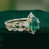 Pear-Cut Emerald Engagement & Wedding Ring Set – Floral Halo Style (4)