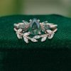 Pear-Cut Moss Agate and Moissanite Wedding Ring Set – Nature-Inspired (2)