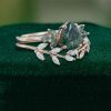 Pear-Cut Moss Agate and Moissanite Wedding Ring Set – Nature-Inspired (3)
