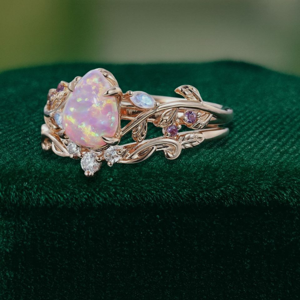 Pear-Shaped Lab Pink Opal Engagement & Wedding Ring Set – Nature Inspired (4)
