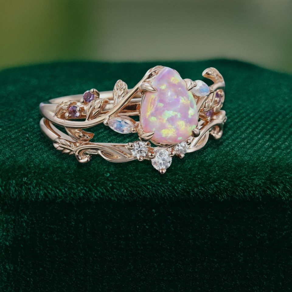 Pear-Shaped Lab Pink Opal Engagement & Wedding Ring Set – Nature Inspired (5)