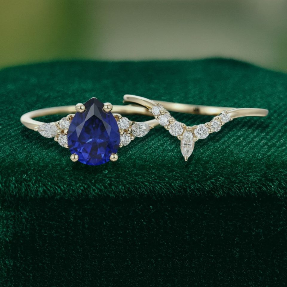 Sapphire And Moissanite Engagement Ring Set (2)