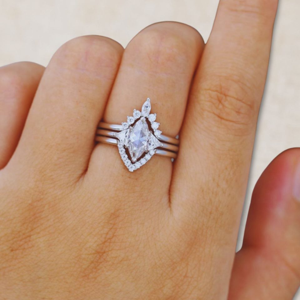 White Gold 3-Piece Engagement Ring Set with Rose-Cut Marquise Moissanite (1)