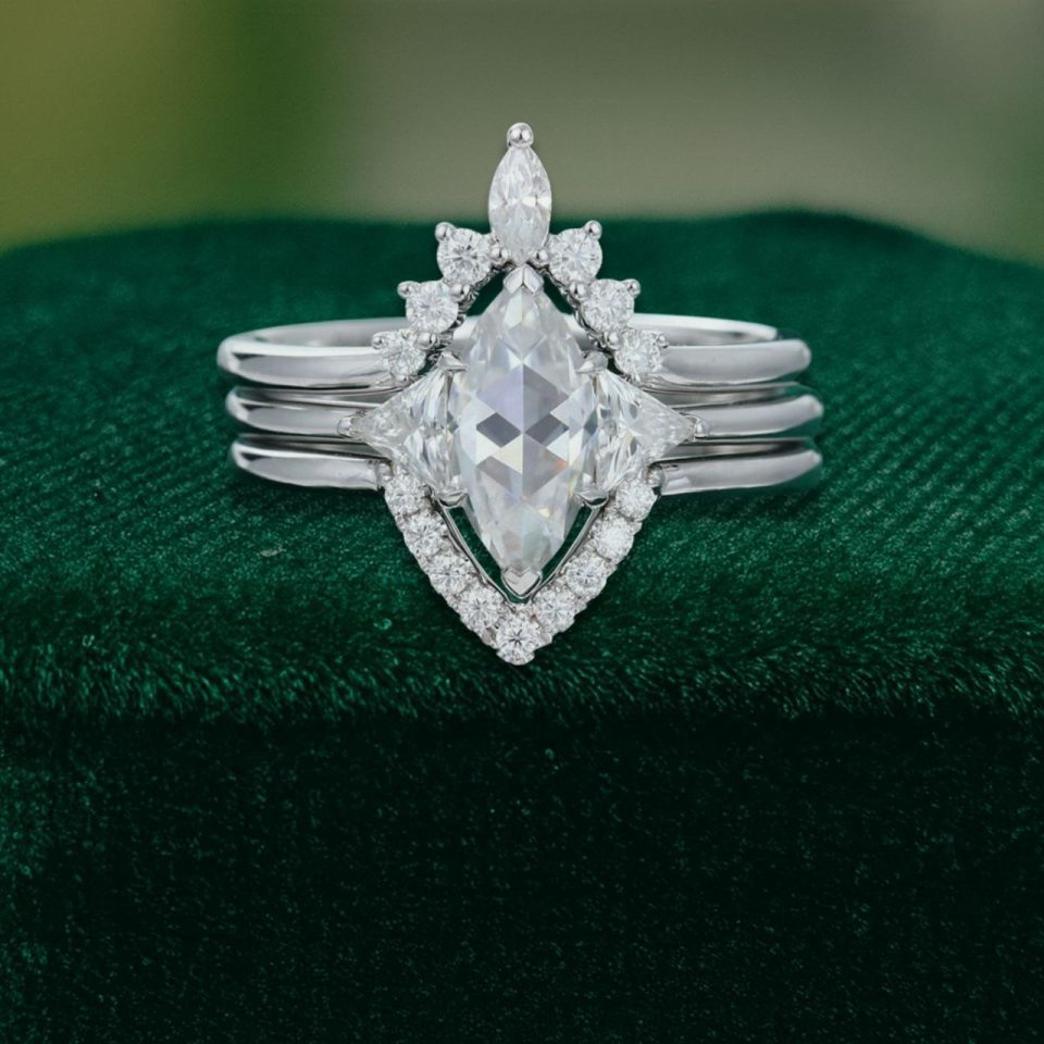 White Gold 3-Piece Engagement Ring Set with Rose-Cut Marquise Moissanite (3)
