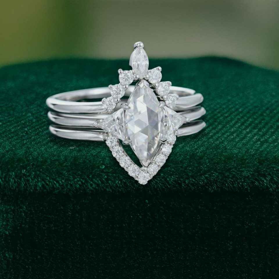 White Gold 3-Piece Engagement Ring Set with Rose-Cut Marquise Moissanite (4)