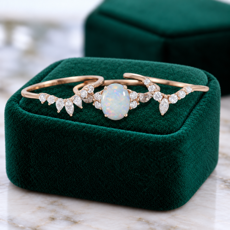 14K Rose Gold 3PCS Oval Cut Natural Opal and Diamond Engagement Ring Set (1)