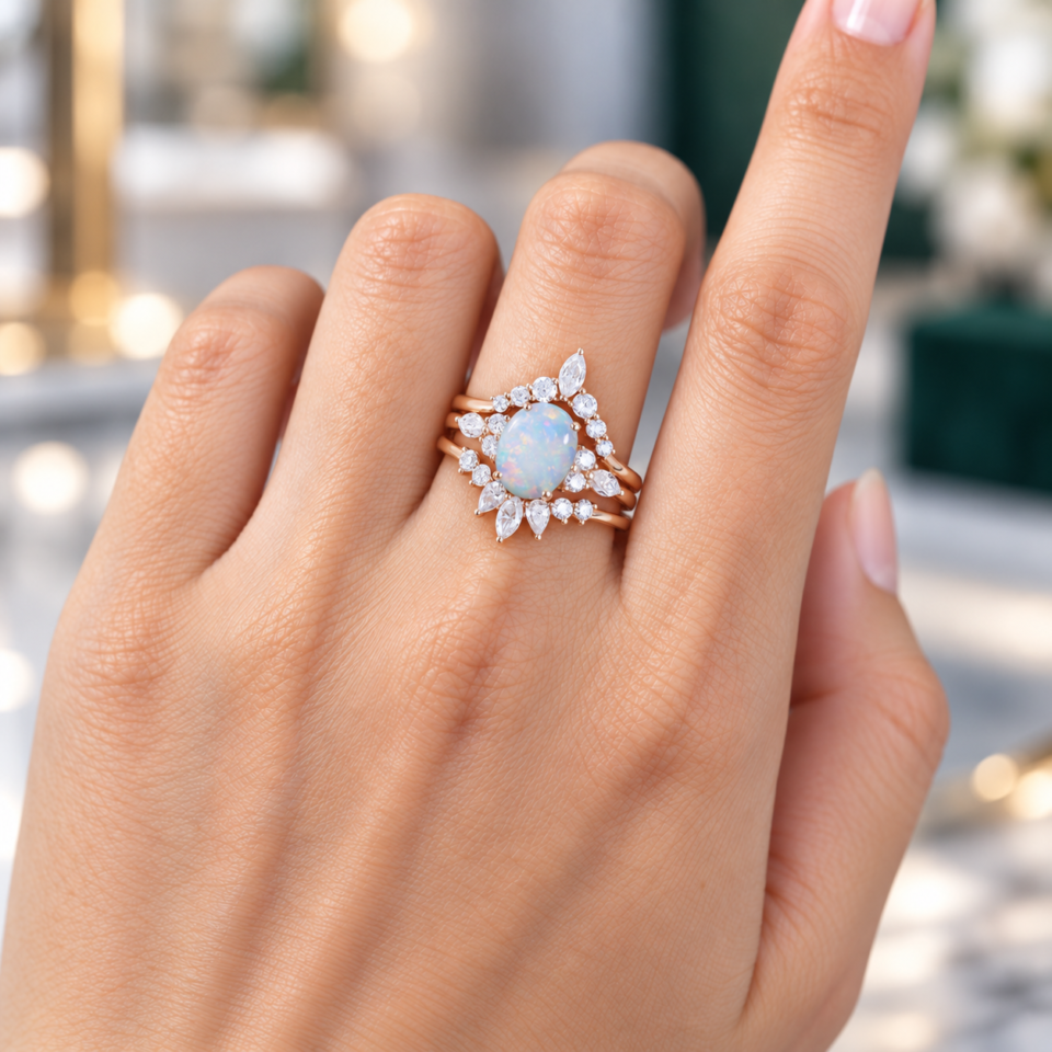 14K Rose Gold 3PCS Oval Cut Natural Opal and Diamond Engagement Ring Set (2)