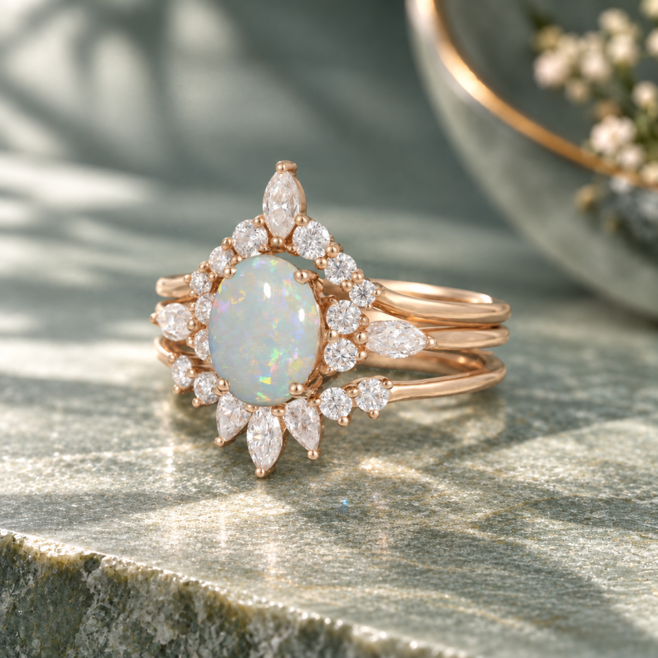 14K Rose Gold 3PCS Oval Cut Natural Opal and Diamond Engagement Ring Set (3)