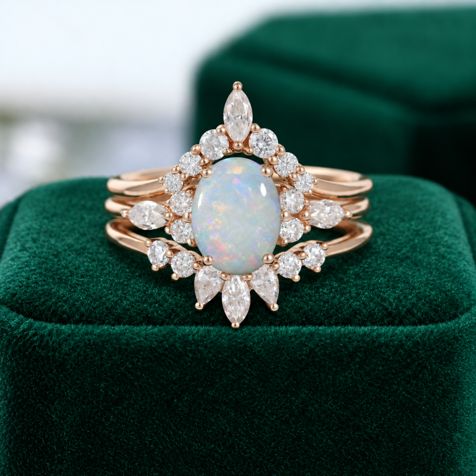 14K Rose Gold 3PCS Oval Cut Natural Opal and Diamond Engagement Ring Set