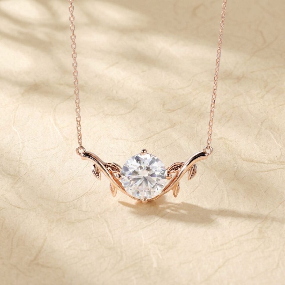 2CT Round Cut Moissanite Solitaire Pendant Necklace with Branch Design3