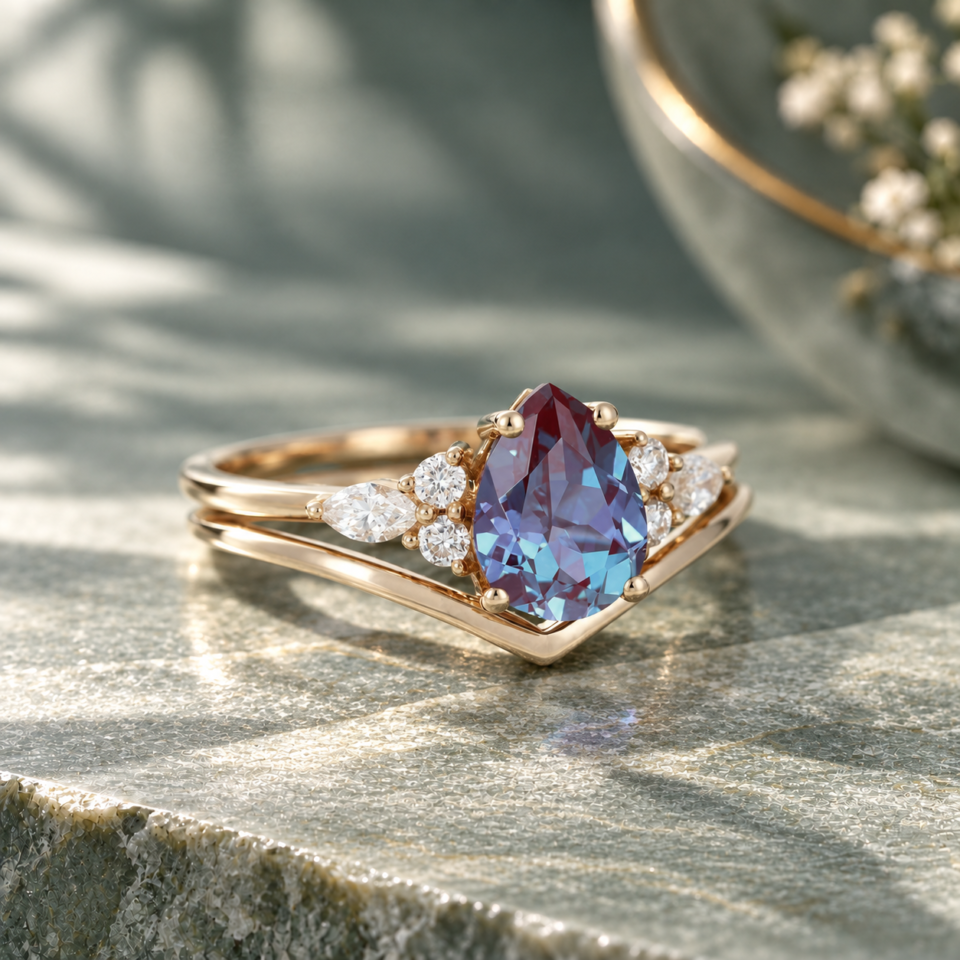 2PCS Pear-Cut Alexandrite Bridal Engagement Ring Set (1)