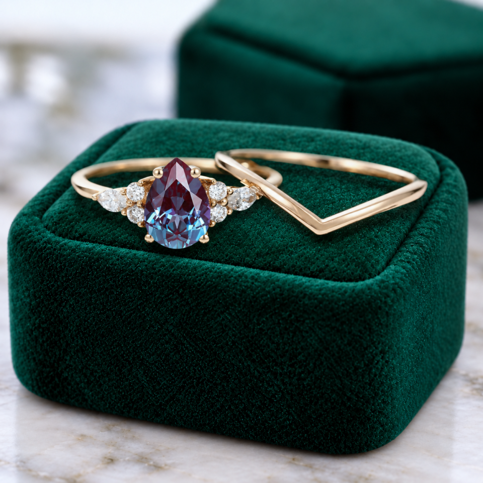 2PCS Pear-Cut Alexandrite Bridal Engagement Ring Set (2)