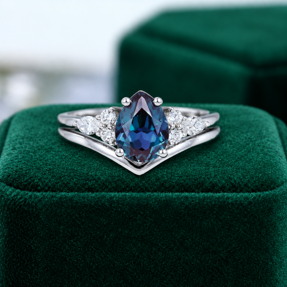 2PCS Pear-Cut Alexandrite Bridal Engagement Ring Set