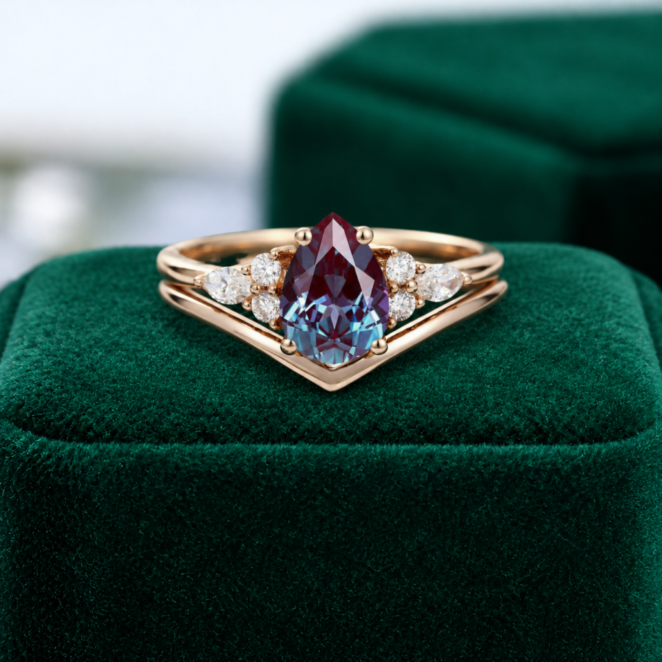 2PCS Pear-Cut Alexandrite Bridal Engagement Ring Set (5)