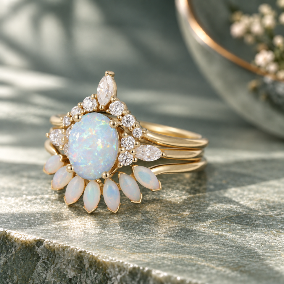 3PCS Oval-Cut Natural Opal Cluster Engagement Ring Set with Moissanite Accents (1)
