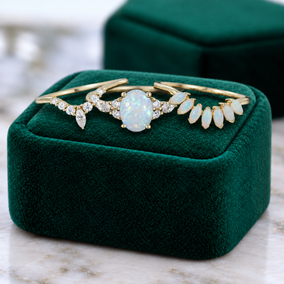 3PCS Oval-Cut Natural Opal Cluster Engagement Ring Set with Moissanite Accents (2)