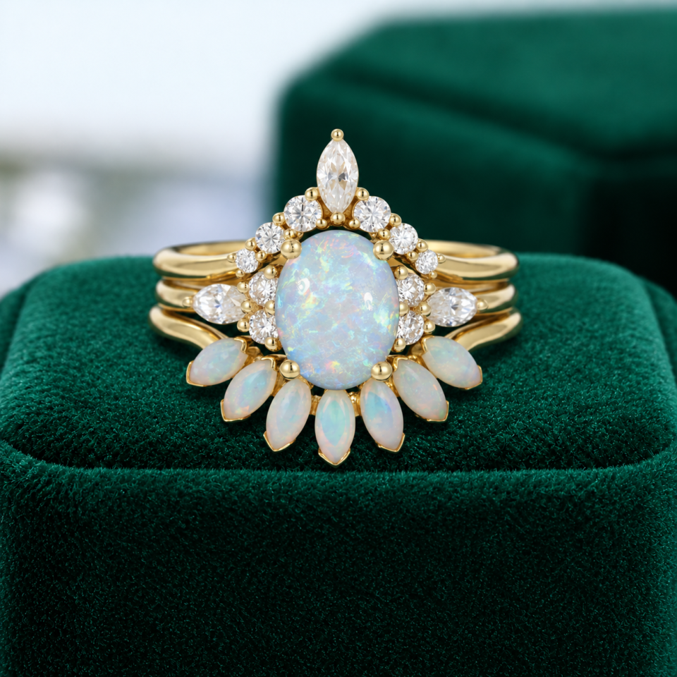 3PCS Oval-Cut Natural Opal Cluster Engagement Ring Set with Moissanite Accents