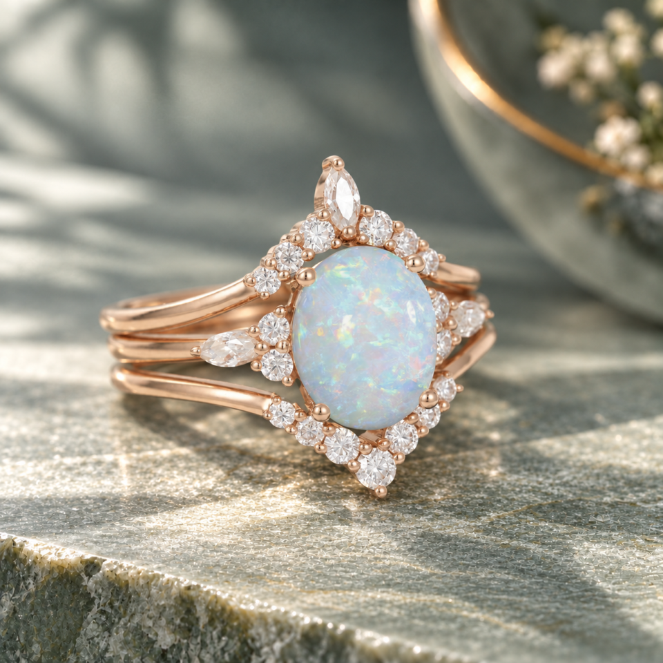 3PCS Oval Cut Natural Opal Engagement Ring Set Art Deco Bridal (3)