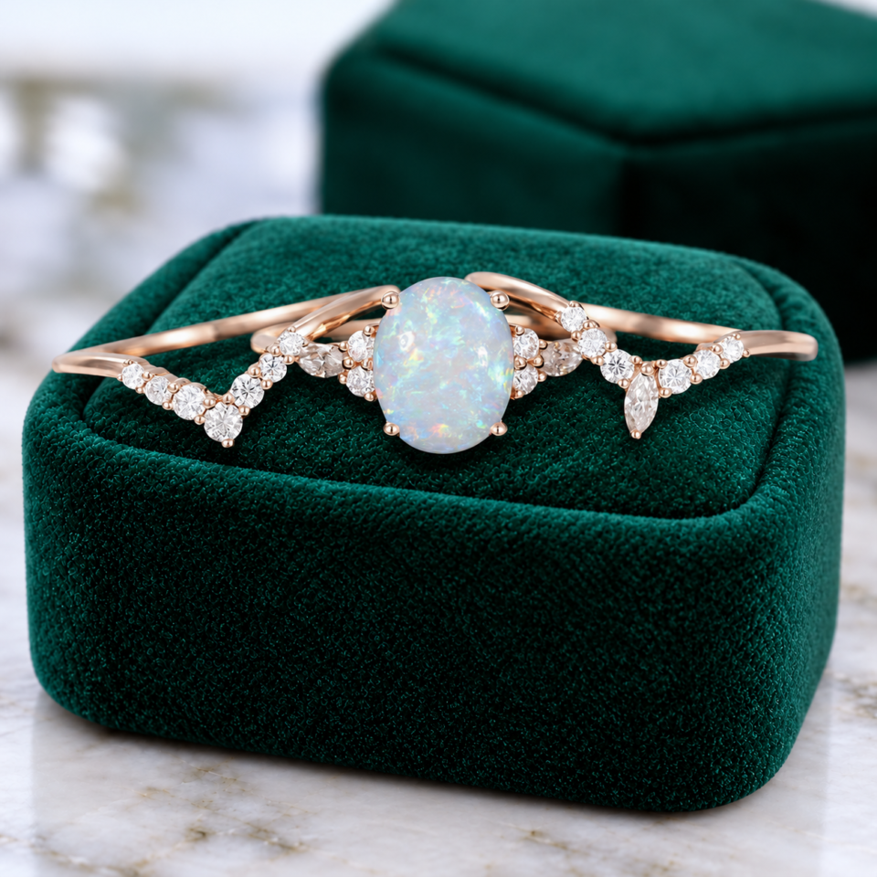 3PCS Oval Cut Natural Opal Engagement Ring Set Art Deco Bridal (4)