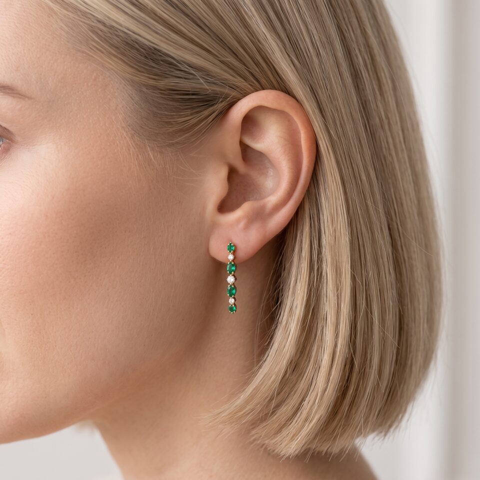 Alternating Emerald and Diamond Huggie Earrings with Marquise and Round Cuts (1)