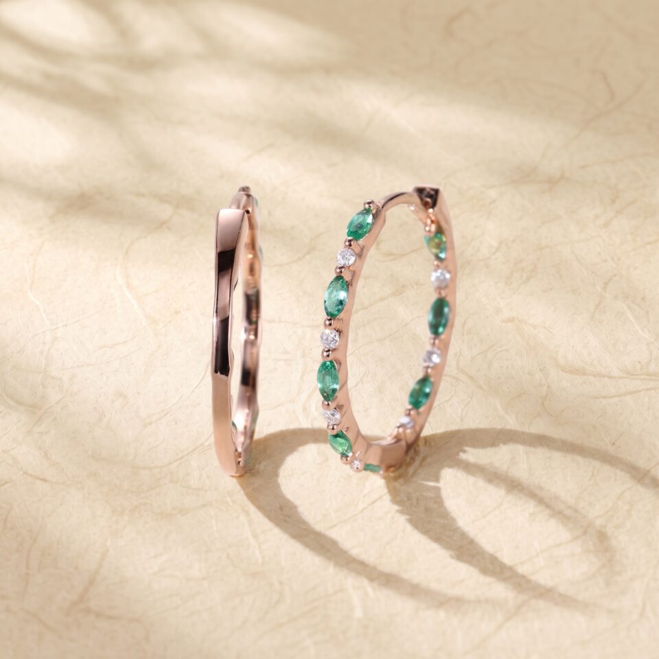 Alternating Emerald and Diamond Huggie Earrings with Marquise and Round Cuts (2)