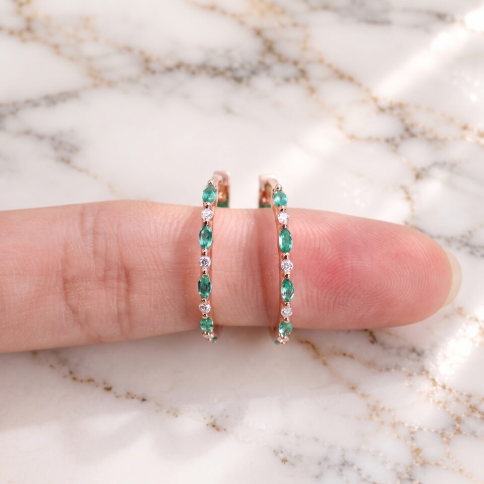 Alternating Emerald and Diamond Huggie Earrings with Marquise and Round Cuts (3)