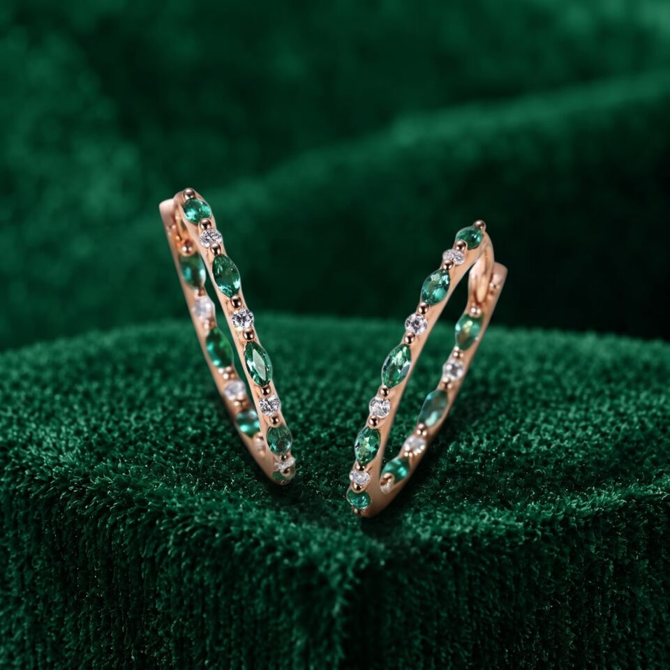 Alternating Emerald and Diamond Huggie Earrings with Marquise and Round Cuts