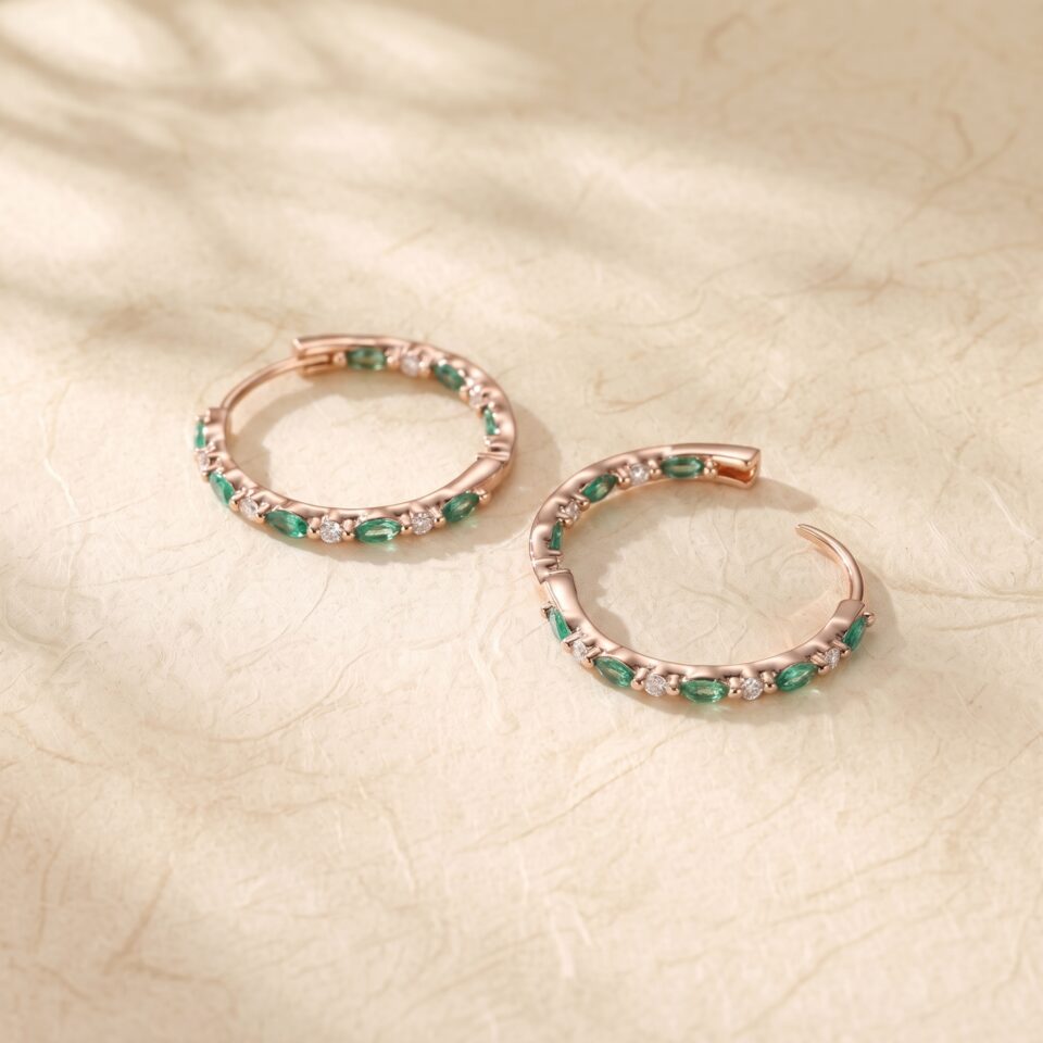Alternating Emerald and Diamond Huggie Earrings with Marquise and Round Cuts (5)