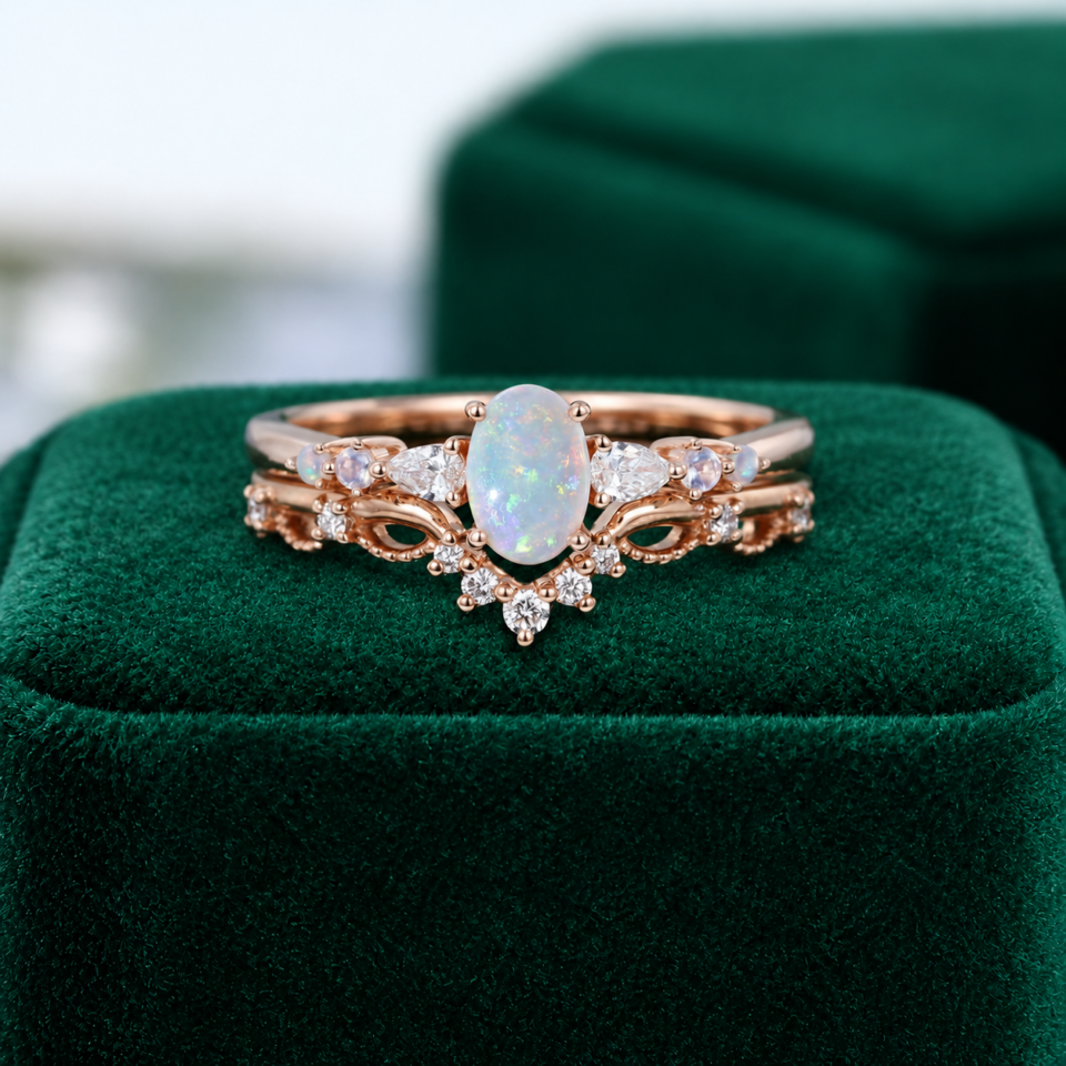 Asteria | 2PCS Dainty Bridal Ring Set with Oval-Cut Natural Opal