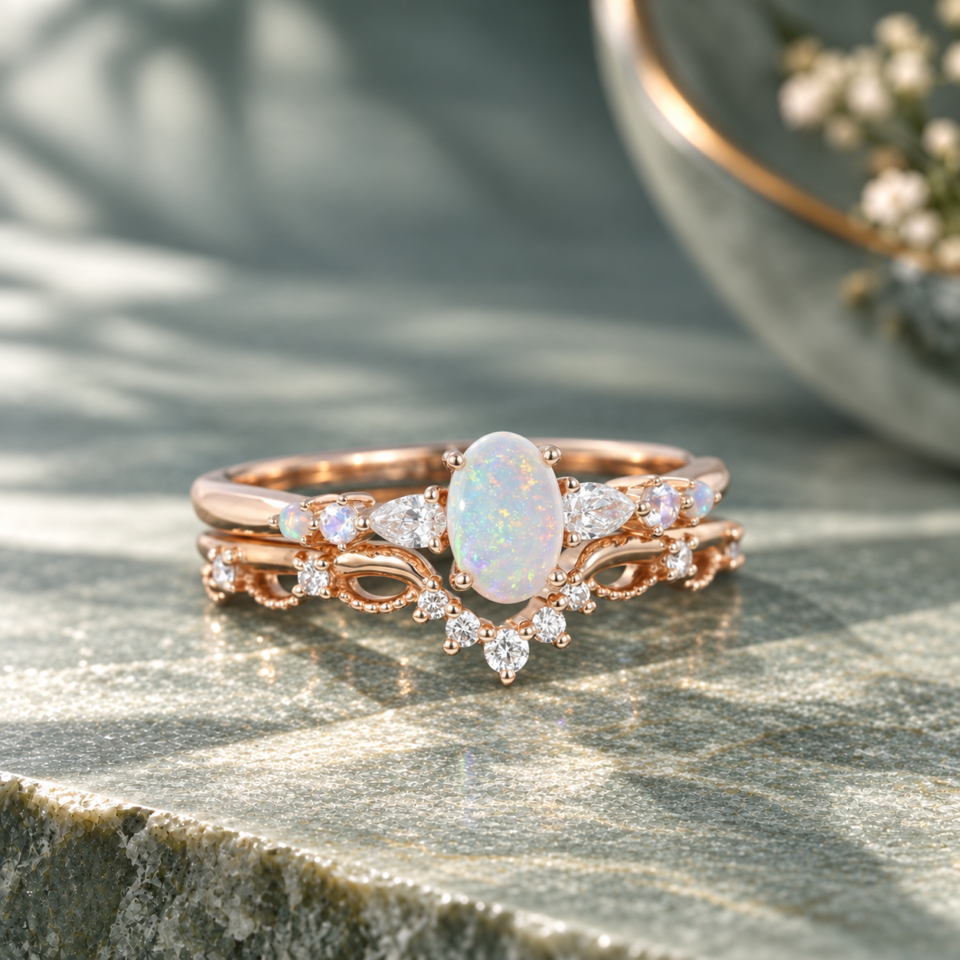 Asteria 2PCS Dainty Bridal Ring Set with Oval-Cut Natural Opal (2)