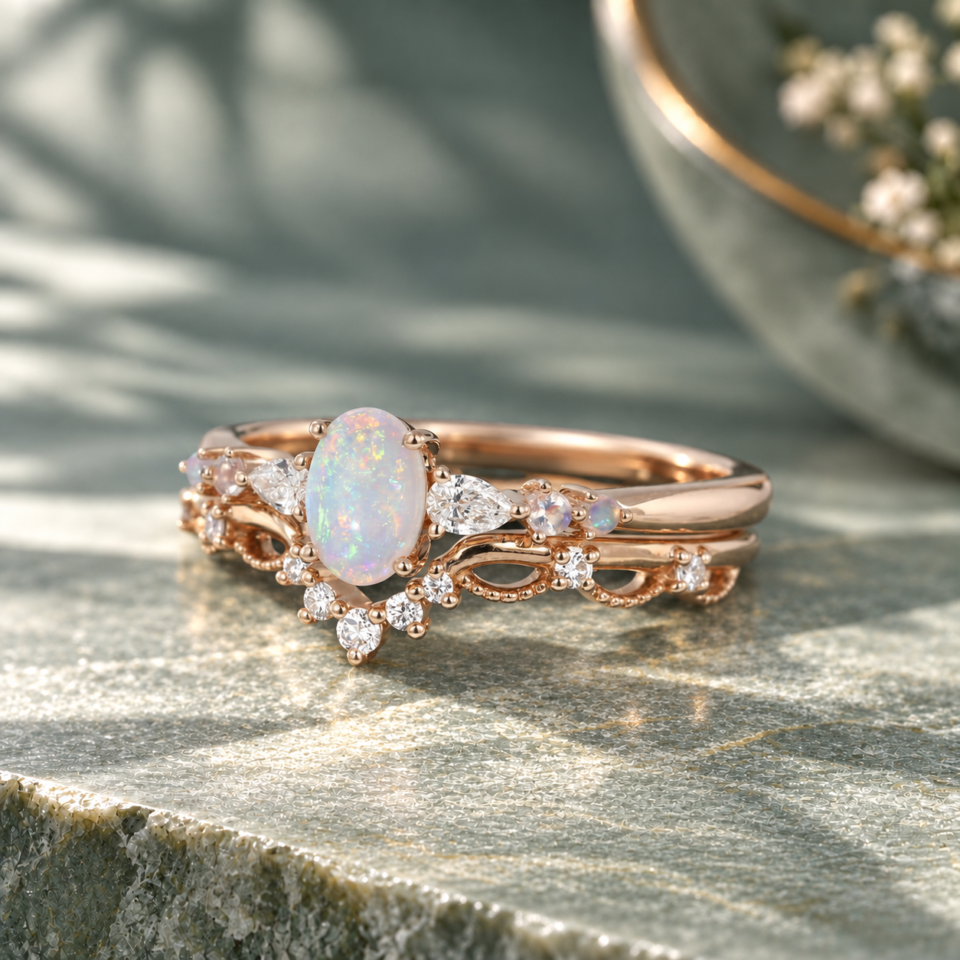Asteria 2PCS Dainty Bridal Ring Set with Oval-Cut Natural Opal (4)