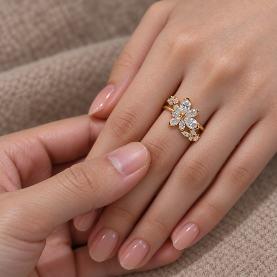 Asymmetric Floral Cluster Bridal Ring Set with Pear-Shaped Moissanite (1)
